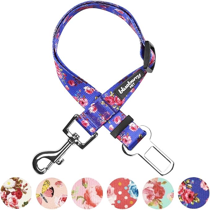 Blueberry Pet 8 Patterns Spring Scent Inspired Rose Print Irish Blue Adjustable Dog Seat Belt Tether for Dogs Cats, Durable Safety Car Vehicle Seatbelts Leads Use with Harness