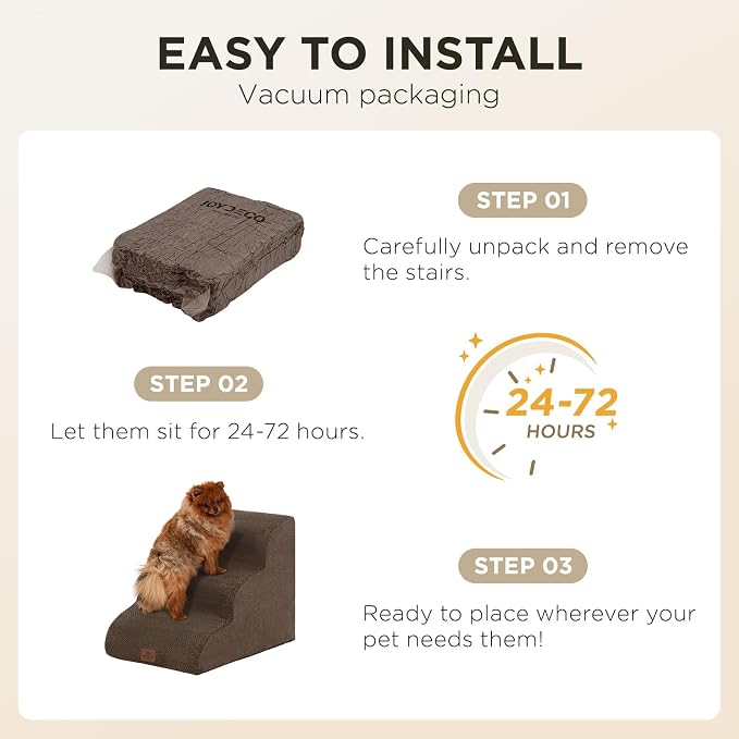 Joydeco Dog Stairs for Bed 17.1" H, 3-Step Pet Steps for Small Dogs and Cats, Dog Steps for High Bed, Non-Slip Balanced Ramp Indoor Pet Stairs, Brown