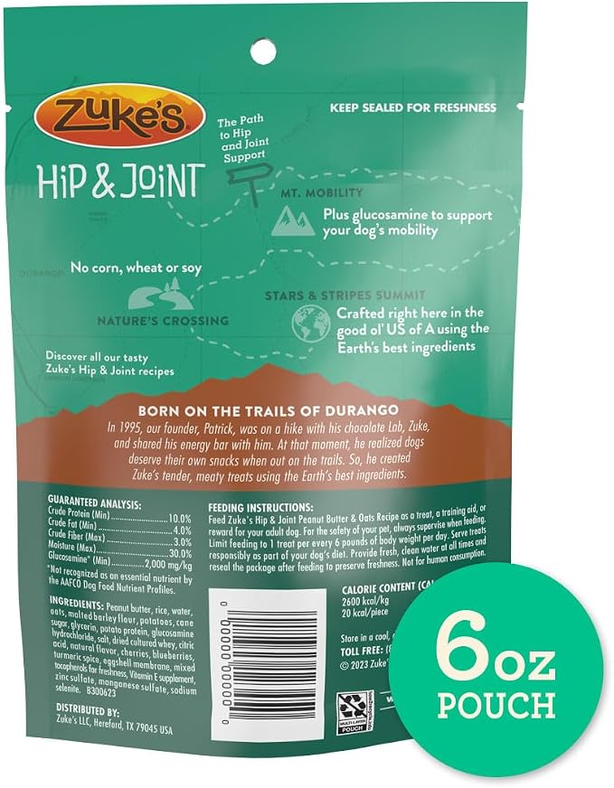 Zuke's Hip and Joint Dog Treats, Peanut Butter and Oats, 6 oz Pouch