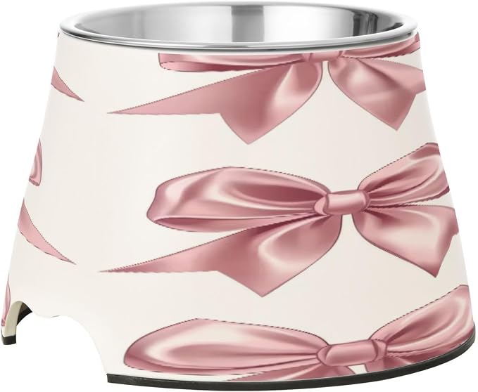 Blueangle Elevated Dog Bowls with Stainless Steel - Non-Slip 2.3 Cup High Capacity Pet Dish for Spinal Health & Ribbon Bows Design（173）