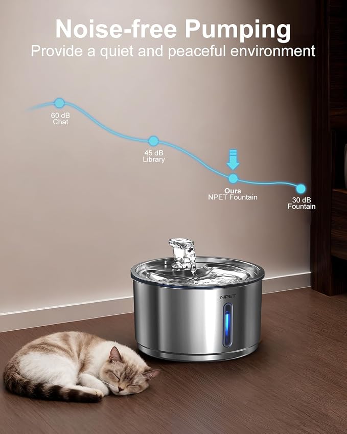 NPET Stainless Steel Cat Water Fountain, 1Gallon/135oz Automatic Pet Drinking Fountain Dog Water Dispenser with 3 Replacement Filters for Cats Indoor