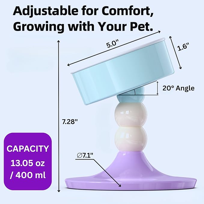 Elevated Raised Cat Pet Bowls - 15°Tilted 3 Heights Adjustable Indoor Cats Food Dish Stand, Cute Pet Water Feeder Ceramic Bowl, Neck Whisker Friendly & Anti-Vomiting Non Slip Kitten Puppy Supplies