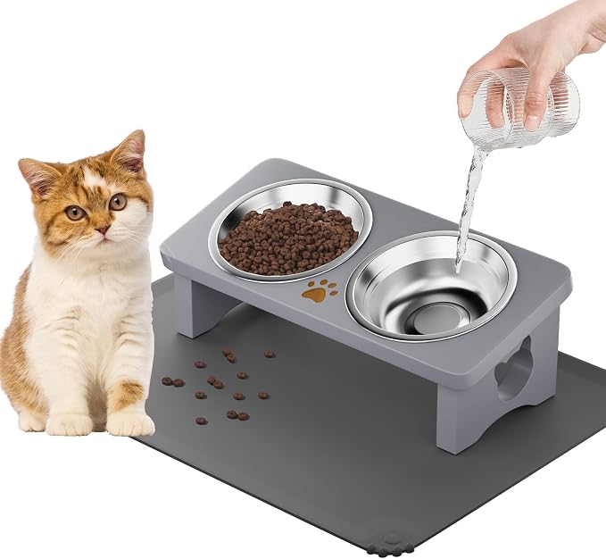 Elevated Cat Bowls, 15° Tilted Raised Cat Food Bowl with Solid Wood Stand & Stainless Steel Dishes, Cat Feeding Station with Silicone Mat, Helps Reduce Vomiting for Cats & Small Dogs(Slate Grey)