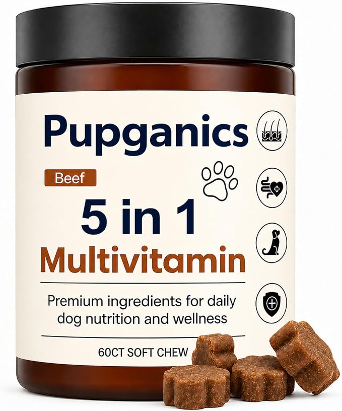 Pupganics Multivitamin Daily Soft Chews for Dogs, Itch Relief Chews, Beef | Twelve active ingredients with Salmon oil, Probiotics, Glucosamine & Essential Vitamins for everyday dog wellness.60 Count