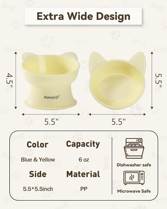 MateeyLife Elevated Cat Bowls, 2P Raised Food and Water Bowl Set for Indoor Cats & Small Dogs, Whisker Fatigue Cat Bowl, Anti Vomit Feeding Pet Bowls, 6 oz Each, Dishwasher Safe - Blue & Yellow