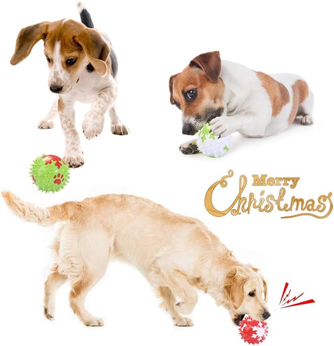 Christmas Squeaky Dog Toys - 3Pcs Spicy Dog Chewing Balls with Snowflake Pattern Xmas Dog Stab Ball Cleaning Teeth Toys Balls with High Bounce for Small Medium Large Pet Dogs