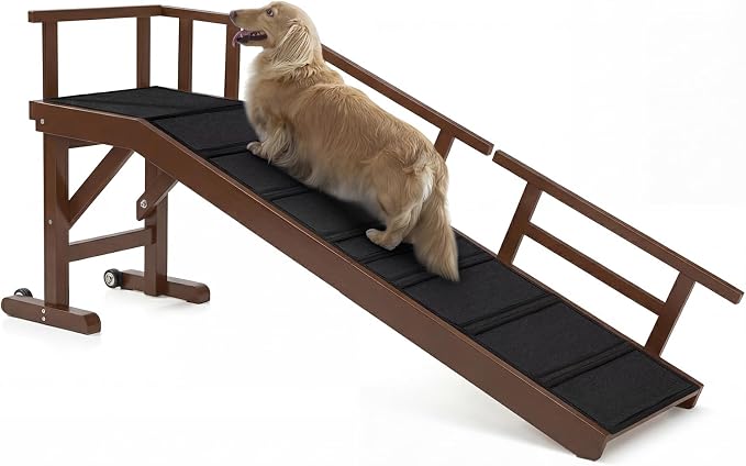 Dog Ramp for Bed or Couch, Wooden Pet Ramp with 20° Gentle Slope, Removable Side Rails, Non-Slip Surface, Top Platform & Wheels, Safe Bed Ramp for Small, Large & Senior Dogs, 60" Long, Walnut