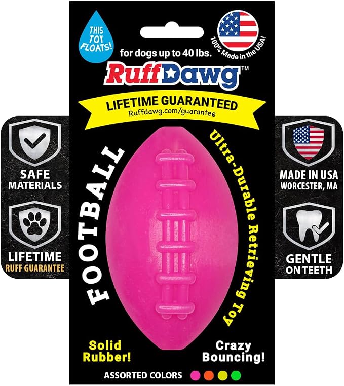 Ruff Dawg Indestructible Football Medium 4” Pink – Heavy-Duty Solid Rubber Dog Fetch Toy for Dogs Up to 40 lbs – Floats & Crazy Bounce – Made in USA