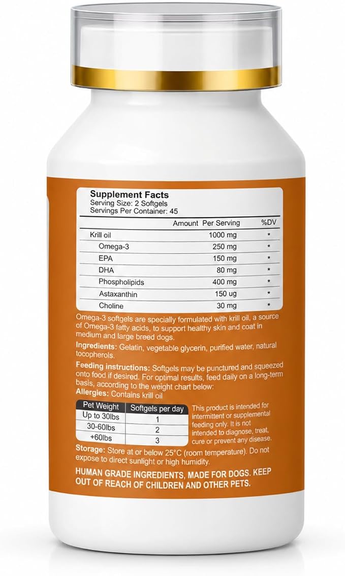 Krill Oil Omega 3 Supplement for Dogs, Allergy & Itch Relief, Skin and Coat Support for Shedding, Softgels for Joint Health with EPA DHA & Astaxanthin, 180 Count