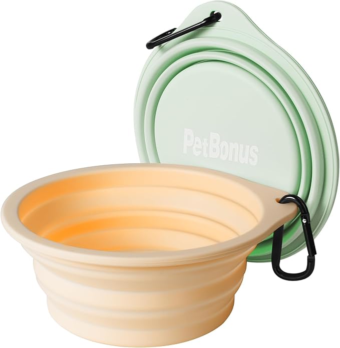 PetBonus Large Collapsible Dog Bowls, 2 Pack, 34oz, Light Mint, Beige Cream