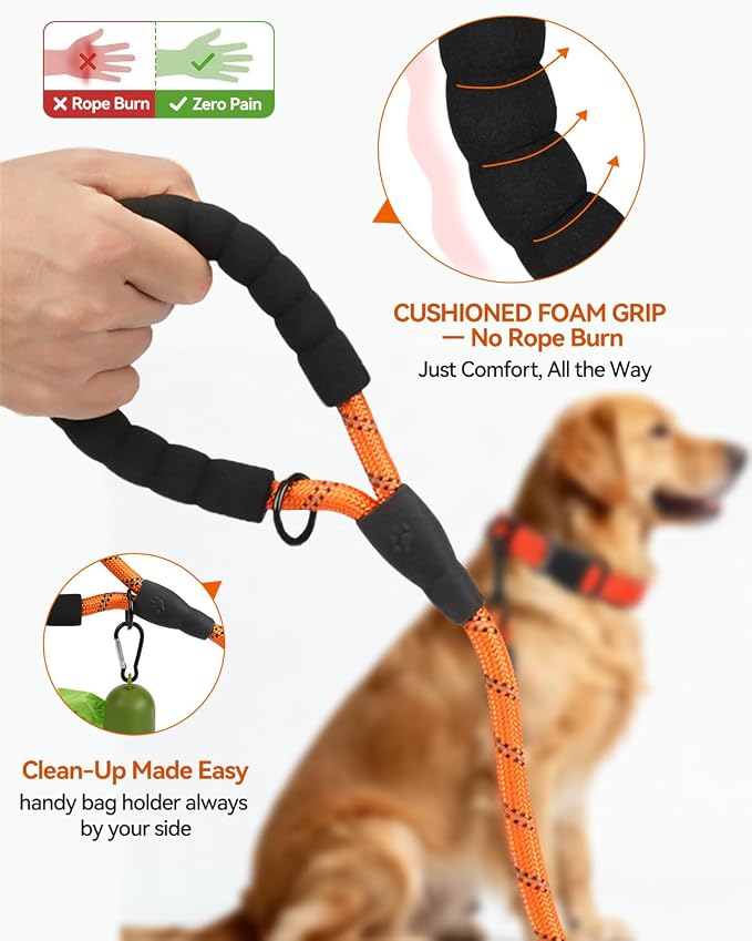Joytale Rope Dog Leash for Medium Large Dogs, Padded Handle, 5FT, Orange | Reinforced Nylon Webbing, Comfort Grip Eases Hand Strain, Swivel Clip Prevents Tangles, Visible at Night, for Outdoor Walks