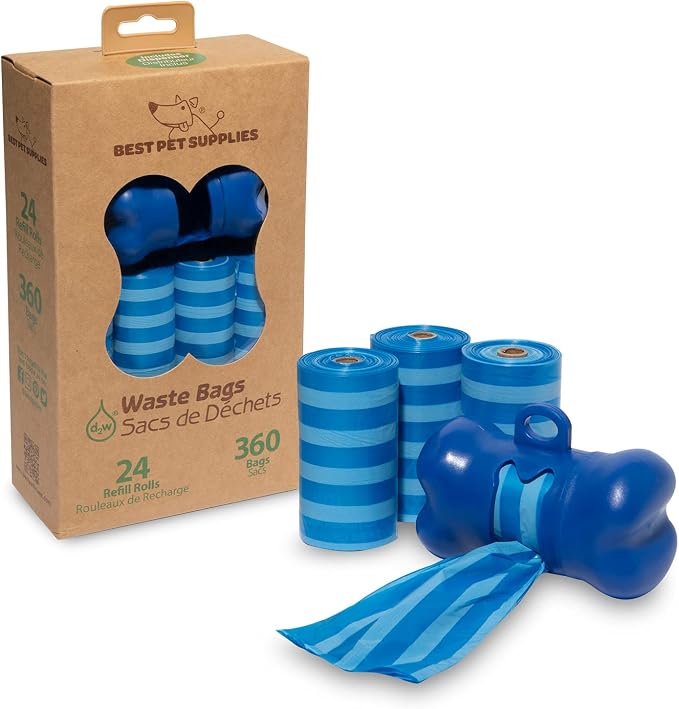 Best Pet Supplies Dog Poop Bags (360 Bags) for Waste Refuse Cleanup, Doggy Roll Replacements for Outdoor Puppy Walking and Travel, Leak Proof and Tear Resistant, Thick Plastic - Blue Strips