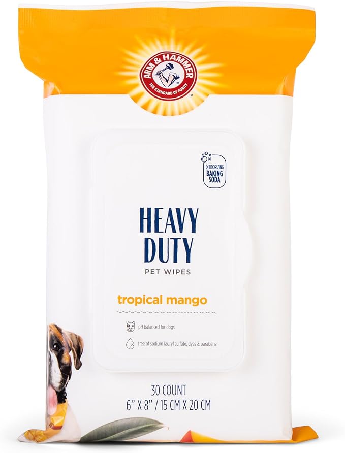 Arm and Hammer for Pets Heavy Duty Multipurpose Dog Bath Wipes, Mango Scent, Travel Size - All Purpose Wipes that Remove Odor and Refresh Dog Coat Between Baths, 30 Count - 6 Pack