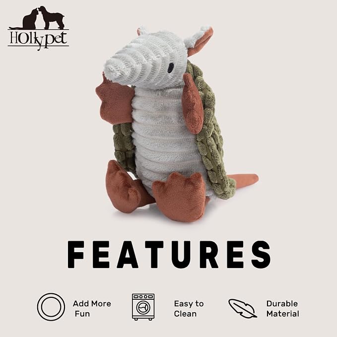 Hollypet Armadillo Squeaky Puppy Dog Toys for Small Medium Dogs, 8" | plush stuffed small dog squeak animal toy with unique grunt squeaker textured fabric for teeth cleaning toys