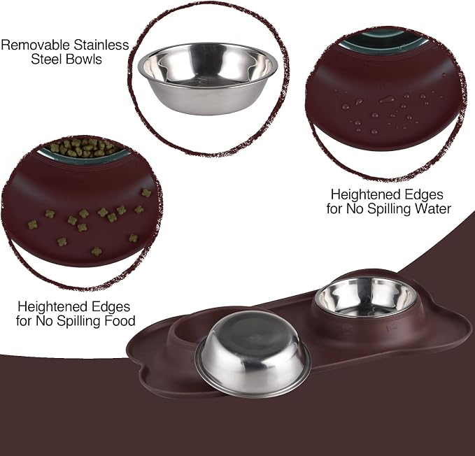 Dog Bowls 2 Stainless Steel Bowl for Pet Water and Food Feeder with Non Spill Skid Resistant Silicone Mat for Pets Puppy Small Medium Cats Dogs