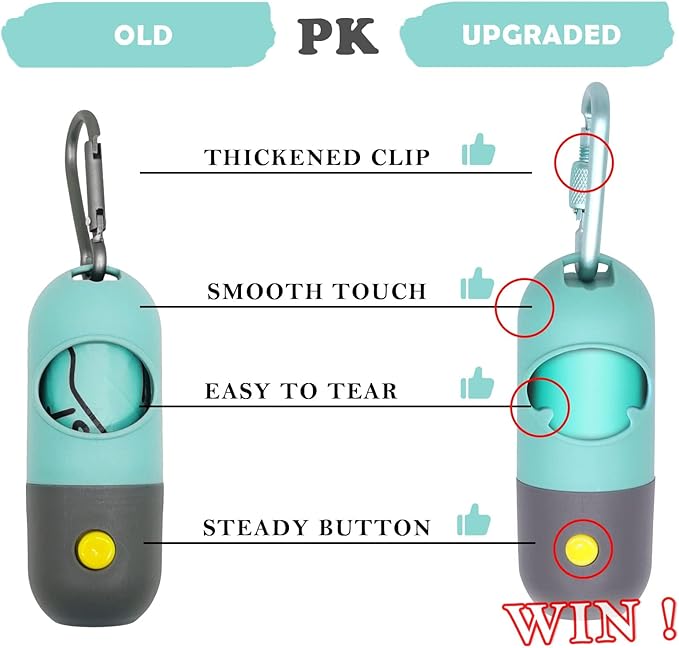 Dog Poop Waste Bags Holder with LED Flashlight|Cute Doggie Poo Bags Dispenser for Pet Leash|Trash Waste Bags Carrier with Potty Bags Clip Fastener LR44 Button Cells Included(2 Pack) (Crystal Blue)