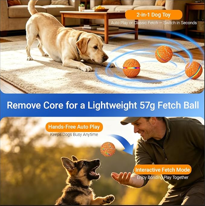 Interactive Dog Ball Toy, Automatic Rolling & Bouncing, LED, Orange | 2.8-Inch Ball, Small & Medium Dogs, 2-in-1 Fetch Toy, Home Alone Play, Reduces Boredom, USB-C Rechargeable, Up to 3 Hours