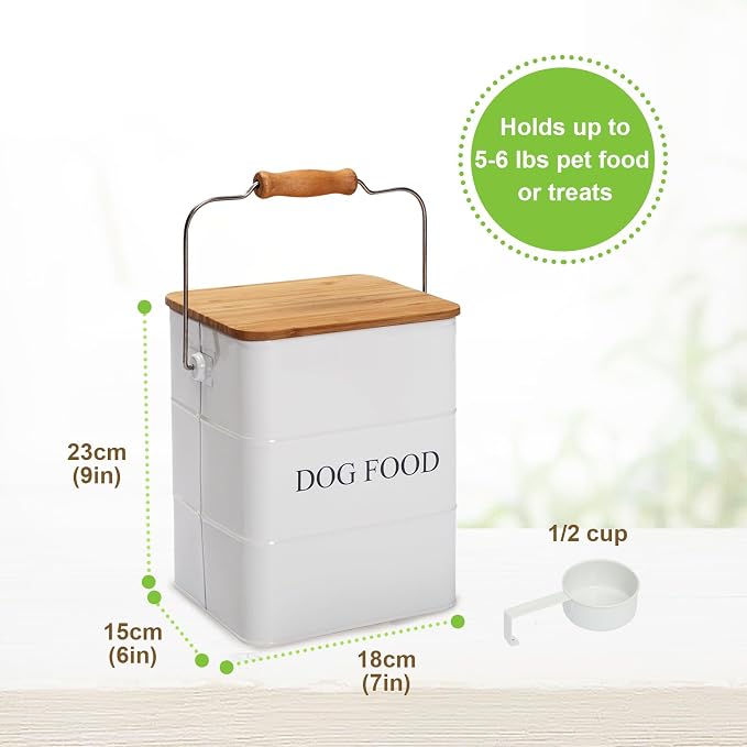 Dog Food storage container Dog Treats Jar, 6 lb, Carbon Steel, White