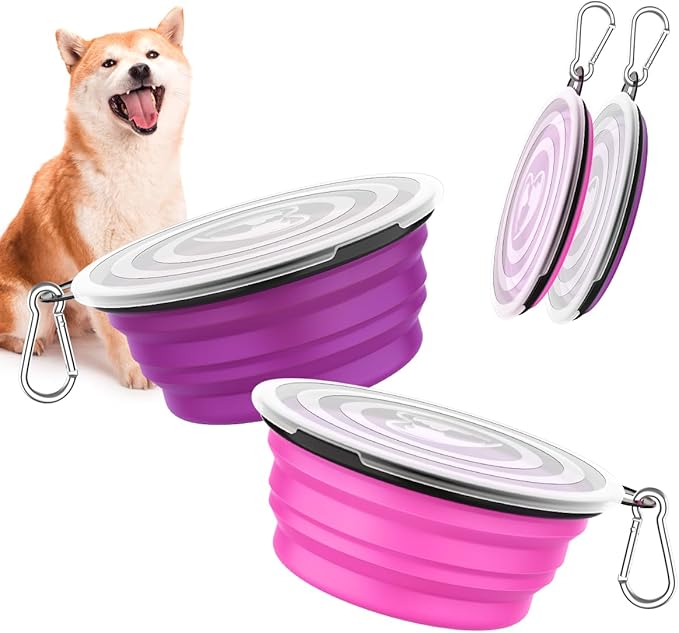 Pawaboo Collapsible Dog Bowls, 2 Pack, 1000ml, Pink + Purple