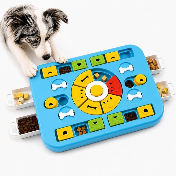 Interactive Dog Puzzle Toy, Maze Slow Feeder, 15.4 in | Dog Treat Puzzle, ABS and PP plastic, non-slip rubber feet, top-rack dishwasher care, light blue, Cat Treat Puzzle