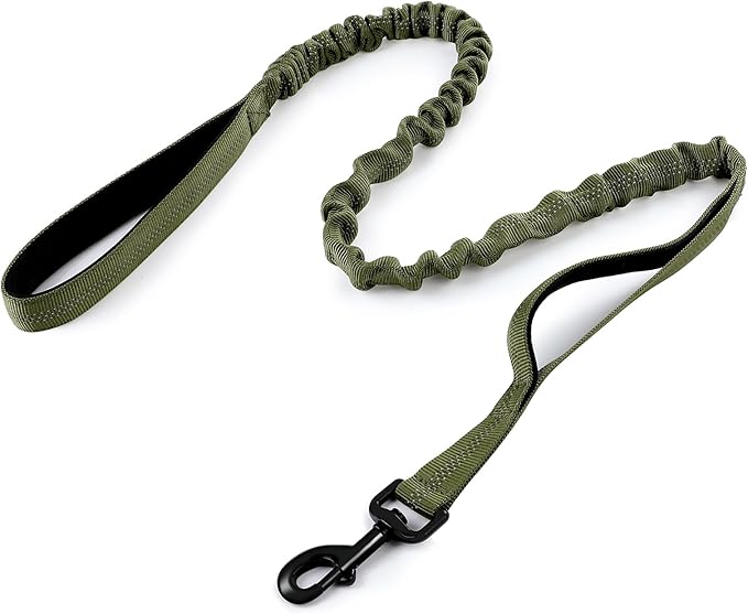 rabbitgoo Tactical Dog Leash, Heavy Duty Training Bungee Lead | Military Leash with 2 Padded Control Handles for Medium Large Dogs, No Pull for Shock Absorption, Reflective, Green, 5.2FT
