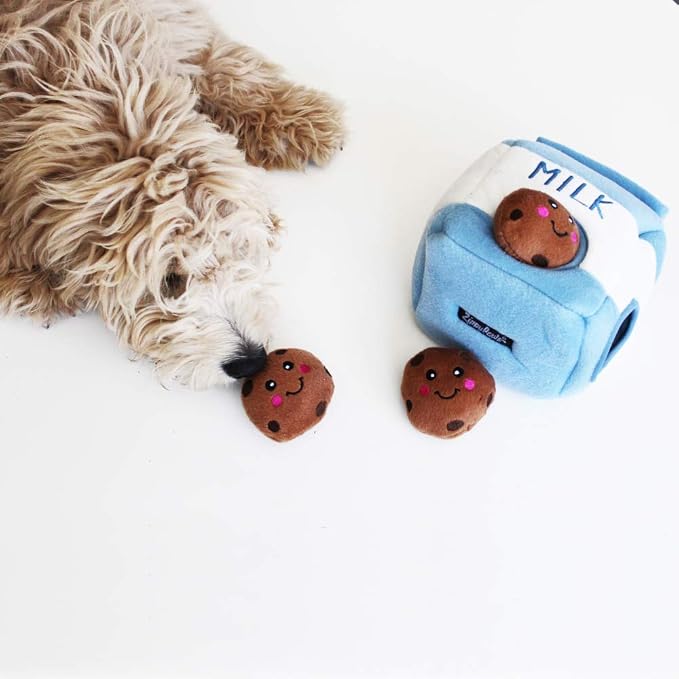 ZippyPaws Burrow Hide & Seek Plush Puzzles - Milk and Cookies | Interactive Dog & Puppy Toys for Boredom, Stimulating Pet Products to Keep them Busy, Squeaky Toy for Enrichment