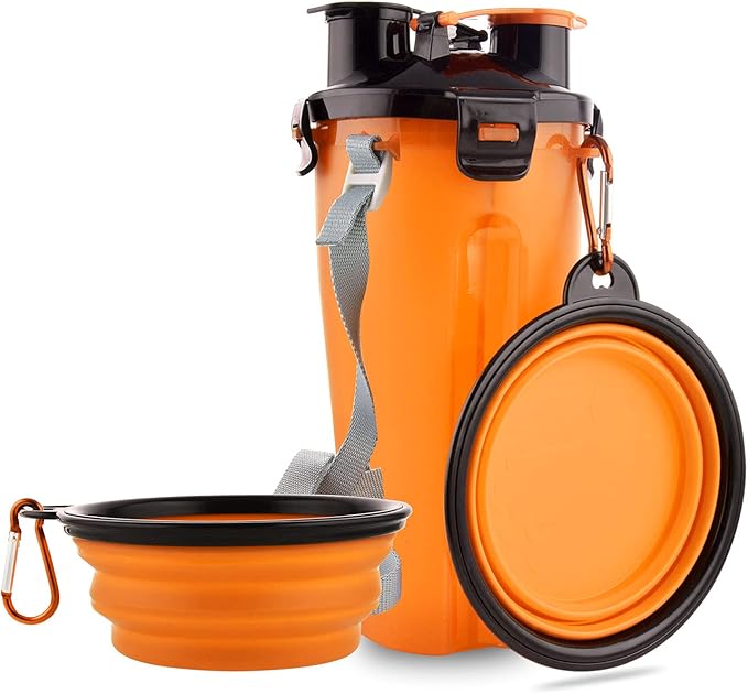 Dog Travel Water Bottle, 2-in-1 with Collapsible Bowl, Orange