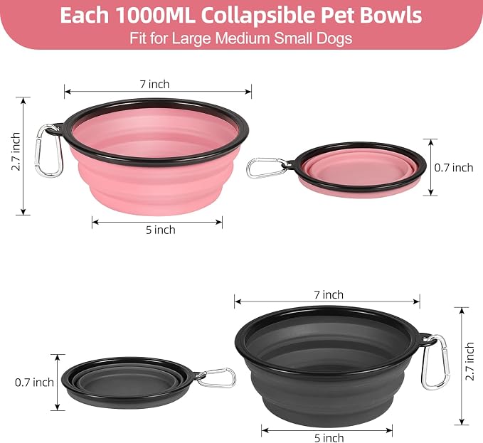Kytely Large Collapsible Dog Bowls, 2 Pack, 34oz, Pink+Grey