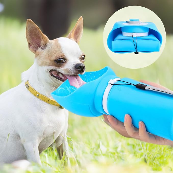 4 in 1 Dog Travel Kit, Leak‑Proof Portable Dog Water Bottle with Collapsible Silicone Bowl, Poop Bag Dispenser & Carabiner Hook, Food Grade BPA‑Free Pet Outdoor Supplies for Walking, Hiking, Camping