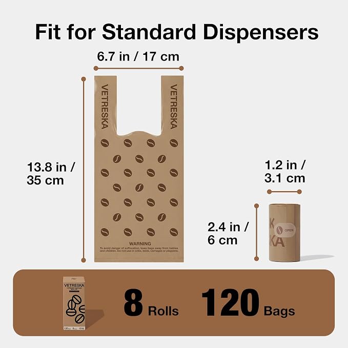 VETRESKA Dog Poop Bags with Handles 120 Count, Coffee Scented Waste Bags, Leak-Proof Thick Dog Bags for Poop, Easy-Tie Large Poop Bags, 8 Refill Rolls for Dog Walking Cat Litter