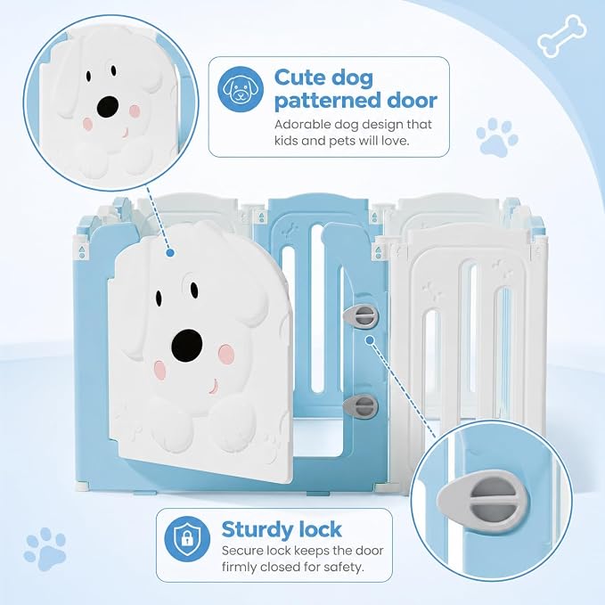 Puppy Play Pen for Indoors, Foldable Puppy Playpen With Cute Dog Shape Door, Puppy Playpen for Indoor Small Dogs, 25.5" H 10-Panel Adjustable Puppy Craten for Living Room and Bedroom(Blue&White)