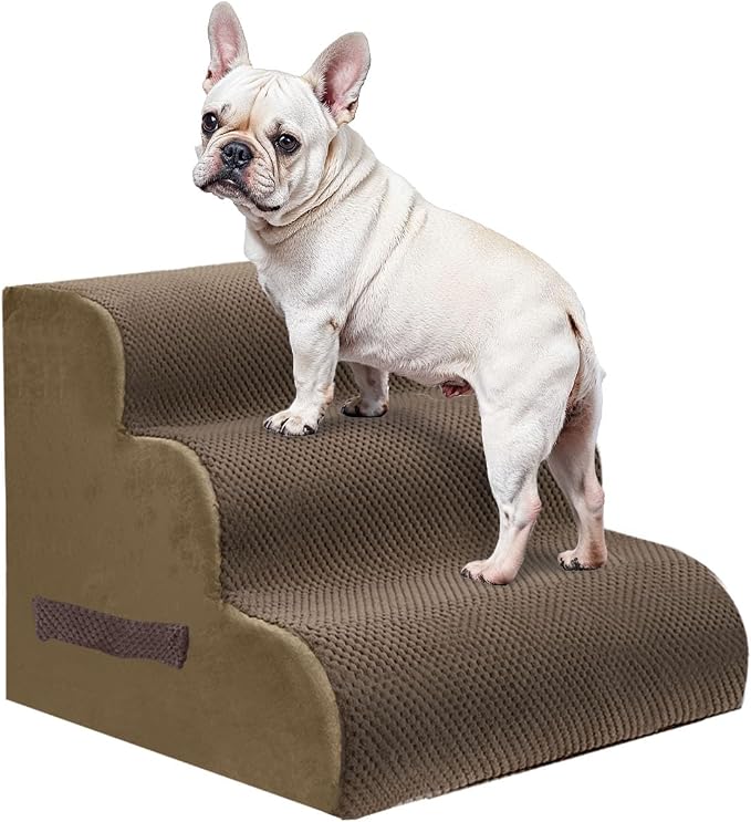 PAWSCRAT Pet Stairs for Dogs 3-Step, 15.7" H Pet Stairs for High Bed, Couch Sofa & Chair, 30D Material Soft Foam Dog Steps with Non-Slip Bottom Surface Removable Washable Cover, Brown
