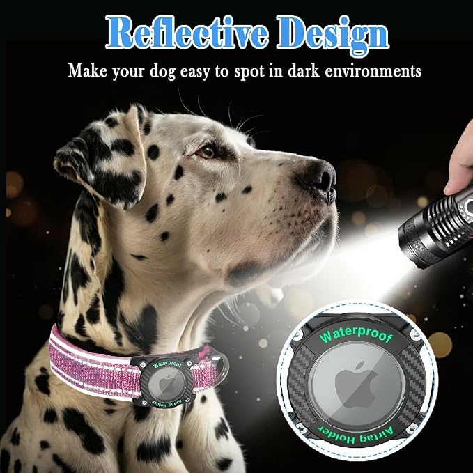 Upgrade Dog Collar with AirTag Holder, IP68 Waterproof, Pink, M | 1000D Nylon, Reflective Stitching for Night Visibility, Adjustable Soft Padded, Ultra-Durable, for Small Medium Large Dogs