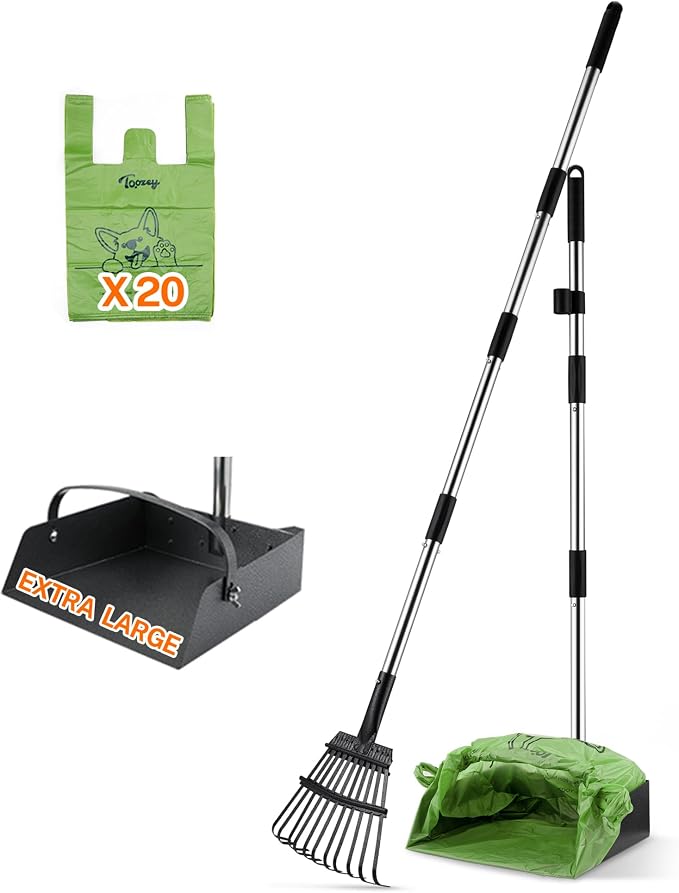 Toozey Dog Pooper Scooper for Large Dogs — 54" Extra Long Handle Poop Scooper for Yard Use, Extra Large Metal Tray & Bag Holder | Easy Cleanup for All Dog Sizes with 20 Bags