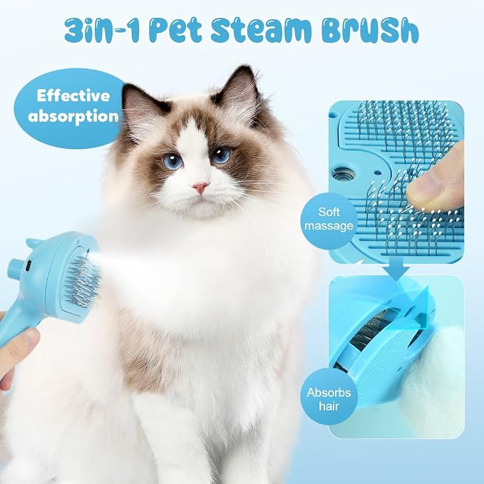 3-in-1 Steam Grooming Brush for Dogs & Cats, Self-Cleaning Detangling Comb with Cool Mist, Reduces Shedding & Static, Ideal for Long & Short Haired Pets, White