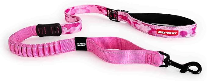 EzyDog Zero Shock - Bungee Dog Leash, Shock Absorbing - 48-Inch, Pink Camo | Padded Neoprene Grip, Traffic Handle, Reflective Stitching, Strong for All Size Pullers, 1" Soft Touch Webbing for Durability