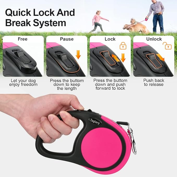 Taglory Retractable Dog Leash, One-Handed Brake, 16ft, Up to 44 lbs, Pink | More Freedom While Staying in Control, Smooth Retraction, Tangle-Free Design, Easy-Grip Handle, Daily Neighborhood Walks