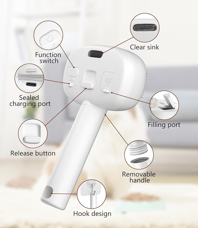 3-In-1 Cat Steam Brush for Shedding, One-Touch Release - Rechargeable - Self Cleaning Comb for Indoor Cats, Anti-Static Grooming Brush for Long and Short-Haired Cat/Dog, White