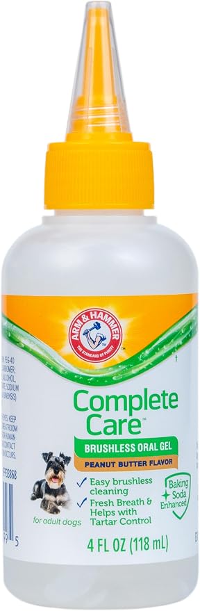 Arm & Hammer Complete Care Brushless Oral Dog Gel, Peanut Butter, 4 Oz | Rub-on formula, no brushing required, baking soda enhanced, freshens breath, controls tartar daily use