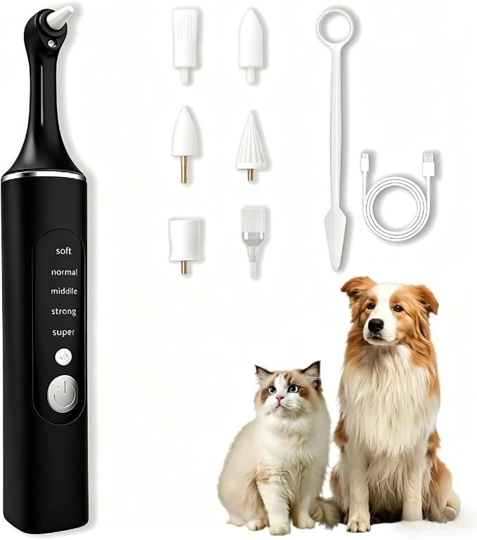 Dog Teeth Cleaning Tool, Electric Dog Toothbrush for Small Medium Large Dogs & Cats, 5 Speeds & 6 Heads Rechargeable Pet Dental Polisher with LED Light, Gentle Oral Hygiene Kit for Home Use (Black)