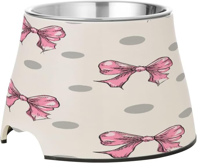 Blueangle Elevated Dog Bowls with Stainless Steel - Non-Slip 2.3 Cup High Capacity Pet Dish for Spinal Health & Dots with Bows Design（423）