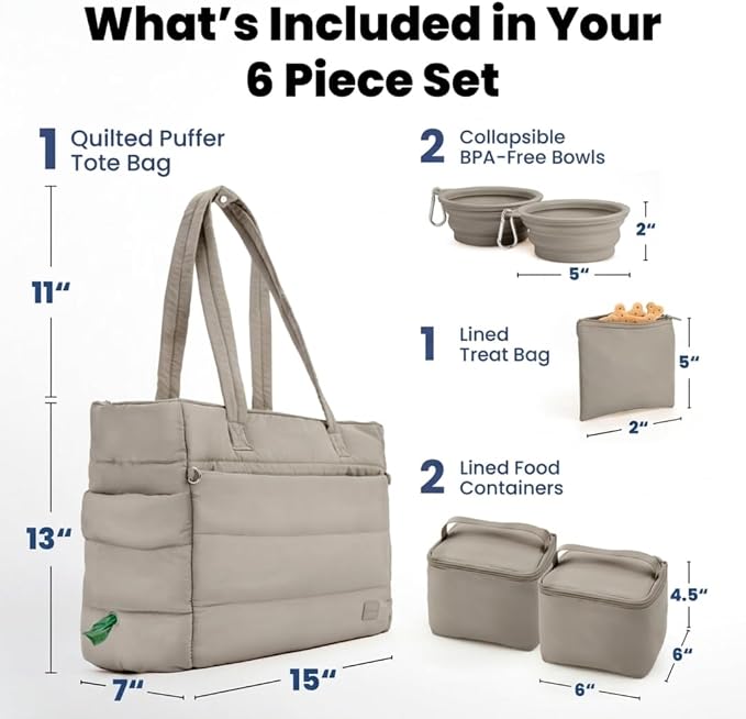 rubyloo Puffer Dog Travel Bag with Bowls & Food Storage, Khaki