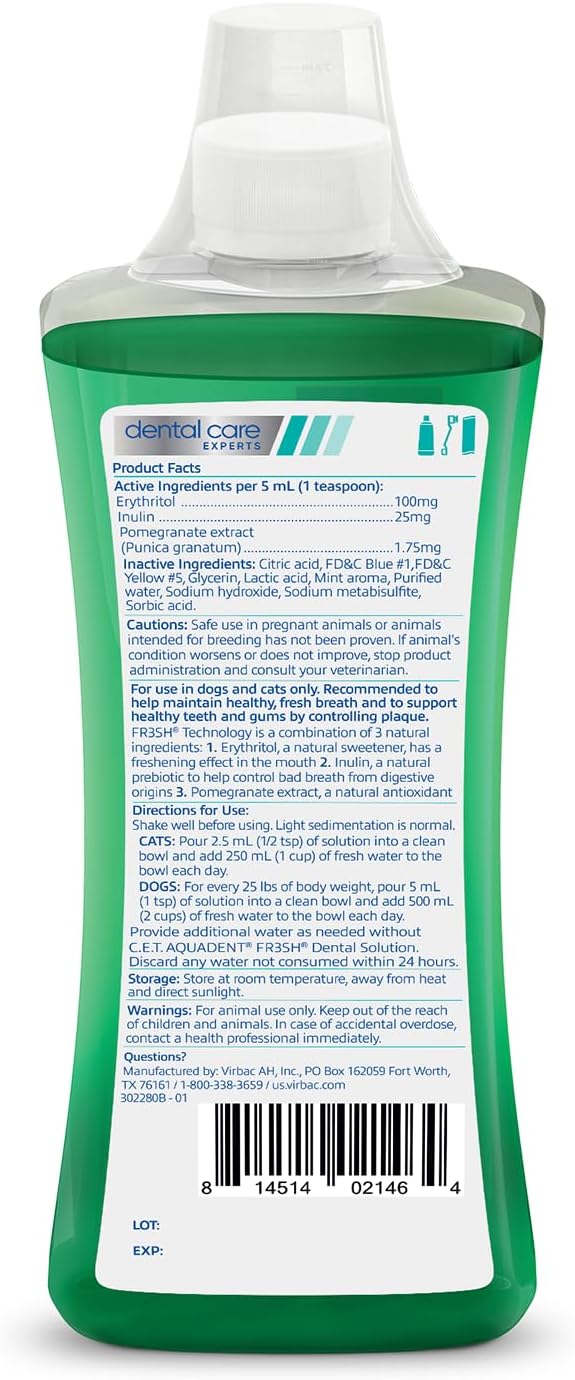 C.E.T. Aquadent Fr3sh Dental Solution for Dogs & Cats, 250 ml | VOHC approved for dogs, pet dental care, liquid pet breath freshener, supports digestive health, just add water