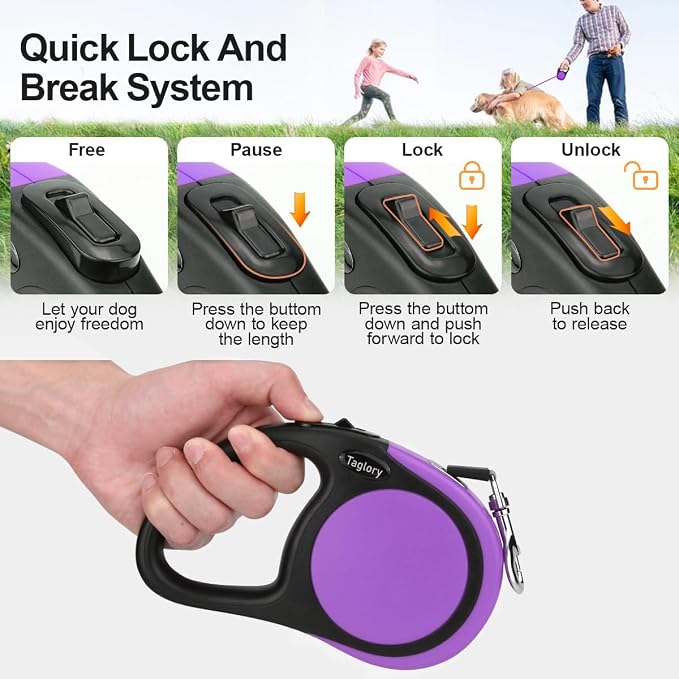 Taglory Retractable Dog Leash, One-Handed Brake, 16ft, Up to 44 lbs, Purple | More Freedom While Staying in Control, Smooth Retraction, Tangle-Free Design, Easy-Grip Handle, Daily Neighborhood Walks