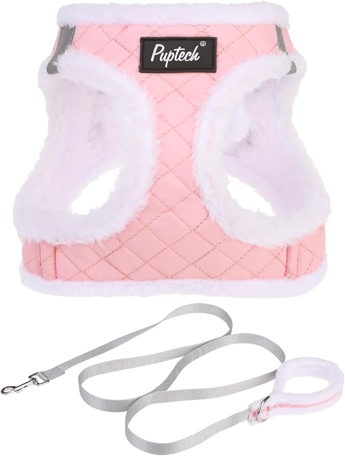 PUPTECK Plush Dog Harness and Leash Set for Small Medium Dogs No Pull Step-in Soft Mesh Puppy Cat Winter Vest Harnesses Reflective at Night Warm, Plush Pink, XS