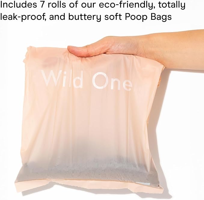 Wild One Dog Poop Bag Holder and Dispenser with Leash Attachment, Leak Proof, Easy Twist Top for Refills, Includes 1 Box Of Bags, Seafoam