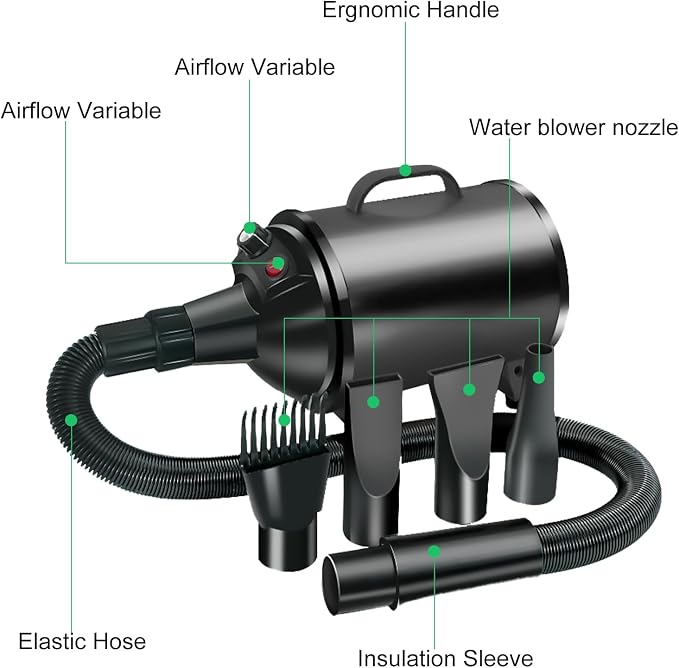 Worparsen Dog Dryer for Pet Grooming,Multiple Low Noise Speed Temperature Adjustable Dog Blower Grooming Dryer for Large Dogs,High Velocity Pet Blow Dryer Power Ergonomic Handle Black