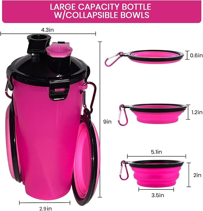 2-in-1 Dog Travel Water Bottle with Collapsible Bowl, Pink