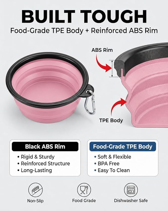 Collapsible Dog Bowls, 2 Pack, with Carabiners, Purple & Pink, Large