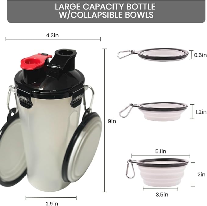2-in-1 Dog Travel Water Bottle with Collapsible Bowl, White